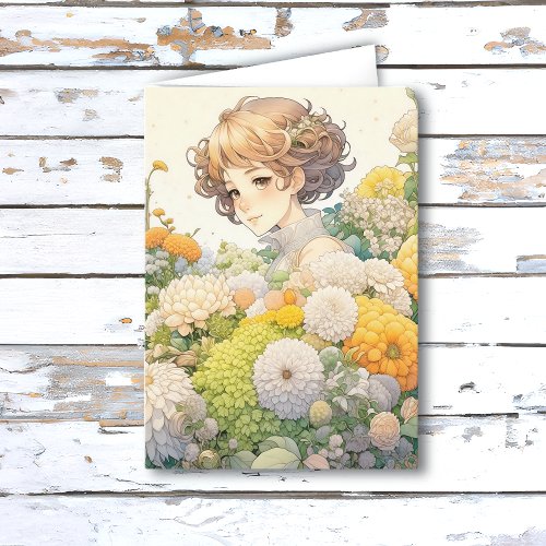 Anime Girl in Yellow Flowers Personalized Birthday Card