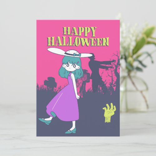 Anime girl in Zombie Apocalypse Happy Halloween  Holiday Card