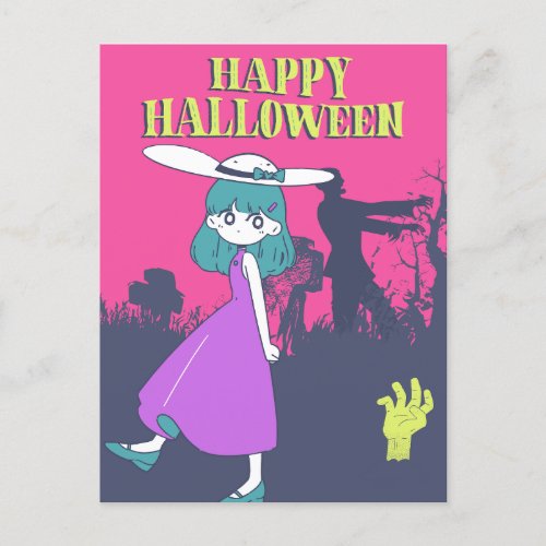 Anime girl in Zombie Apocalypse Happy Halloween  Holiday Postcard