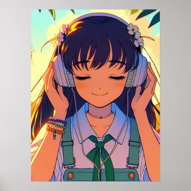 Anime Girl Listening to Music Poster (Front)
