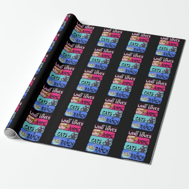 Anime Girl Loves Cats Ramen Lover Otaku Japan Fan Wrapping Paper (Unrolled)