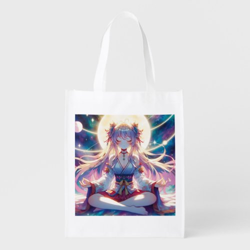 Anime Girl Meditating Spiritual Grocery Bag