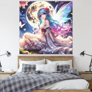 Anime Girl Moon Fairy Princess in Garden Canvas Print