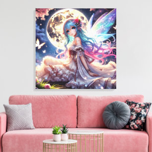 Anime Girl Moon Fairy Princess in Garden Canvas Print