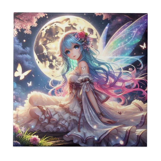 Anime Girl Moon Fairy Princess in Garden Ceramic Tile (Front)