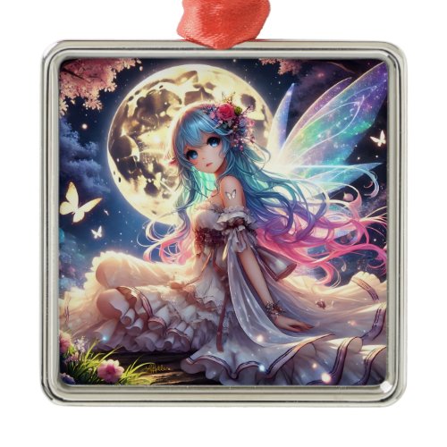 Anime Girl Moon Fairy Princess in Garden Metal Ornament