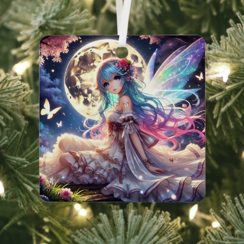 Anime Girl Moon Fairy Princess in Garden Metal Ornament