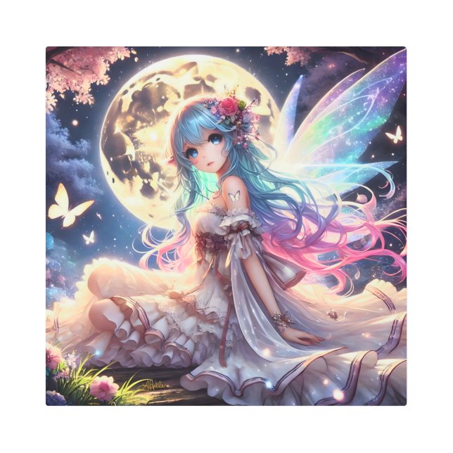 Anime Girl Moon Fairy Princess in Garden Metal Print (Front)