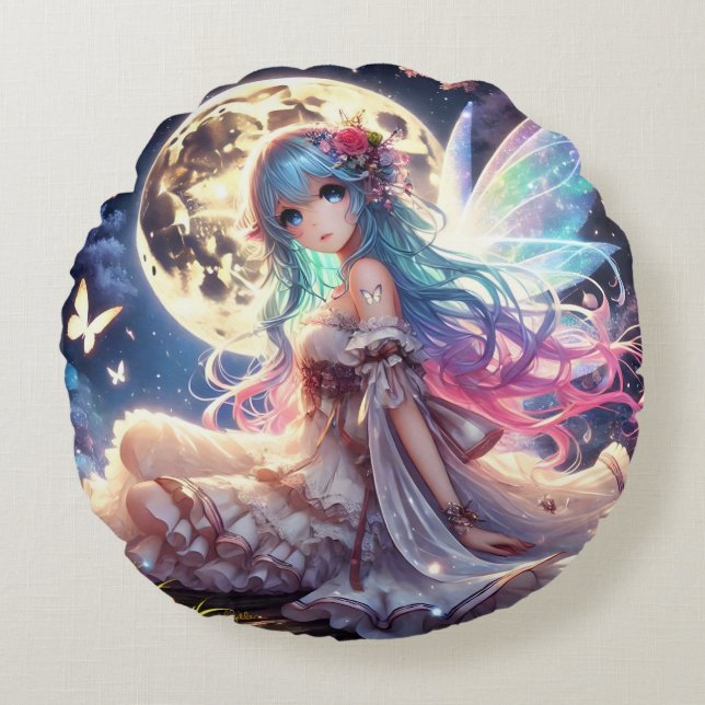 Anime Girl Moon Fairy Princess in Garden Round Pillow (Front)