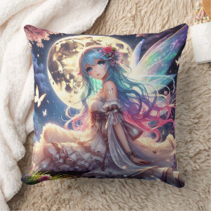 Anime Girl Moon Fairy Princess in Garden Throw Pillow