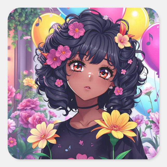 Anime Girl of Color Birthday Square Sticker (Front)