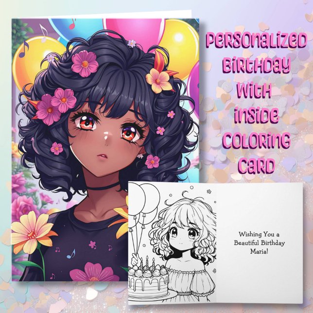 Anime Girl of Color Personalized Birthday Card (Creator Uploaded)