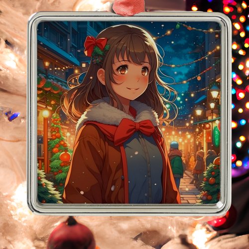 Anime Girl on Christmas Night Metal Ornament
