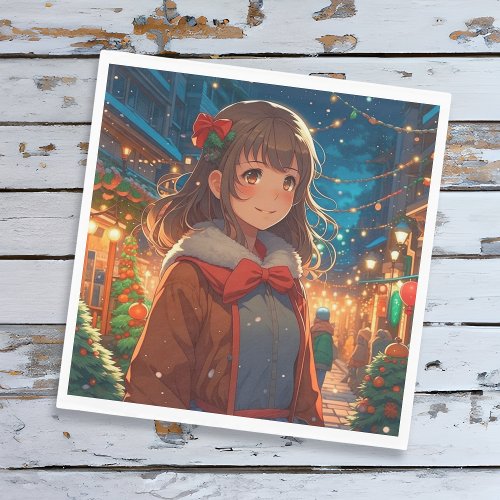 Anime Girl on Christmas or New Years Eve Napkins