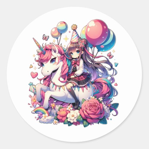 Anime Girl on Unicorn Birthday  Classic Round Sticker