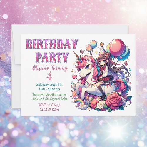 Anime Girl on Unicorn Birthday Invite
