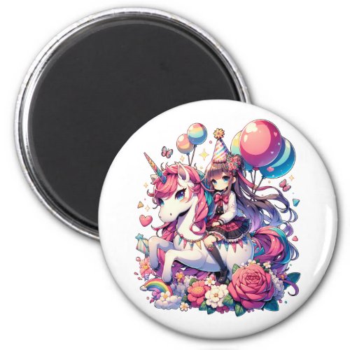 Anime Girl on Unicorn Birthday  Magnet