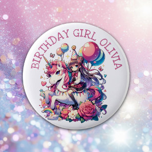 Anime Girl on Unicorn Birthday Personalized Button