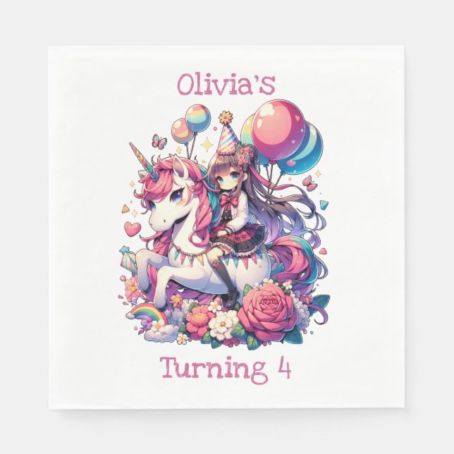 Anime Girl on Unicorn Birthday Personalized Napkins (Front)