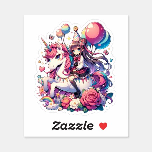Anime Girl on Unicorn Birthday  Sticker