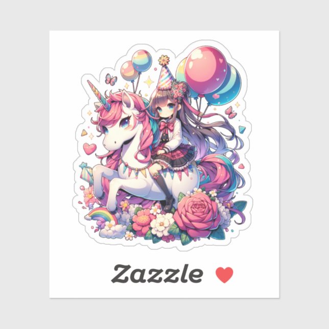 Anime Girl on Unicorn Birthday  Sticker (Sheet)