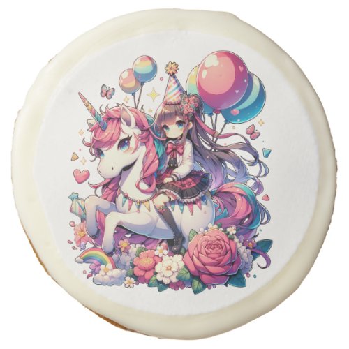 Anime Girl on Unicorn Birthday  Sugar Cookie