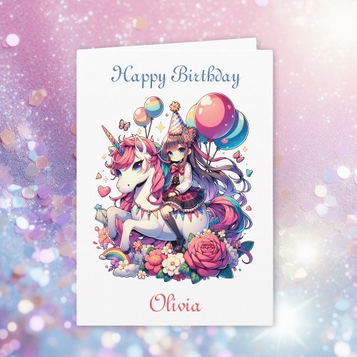 Anime Girl on Unicorn Plus Coloring Page Birthday Card