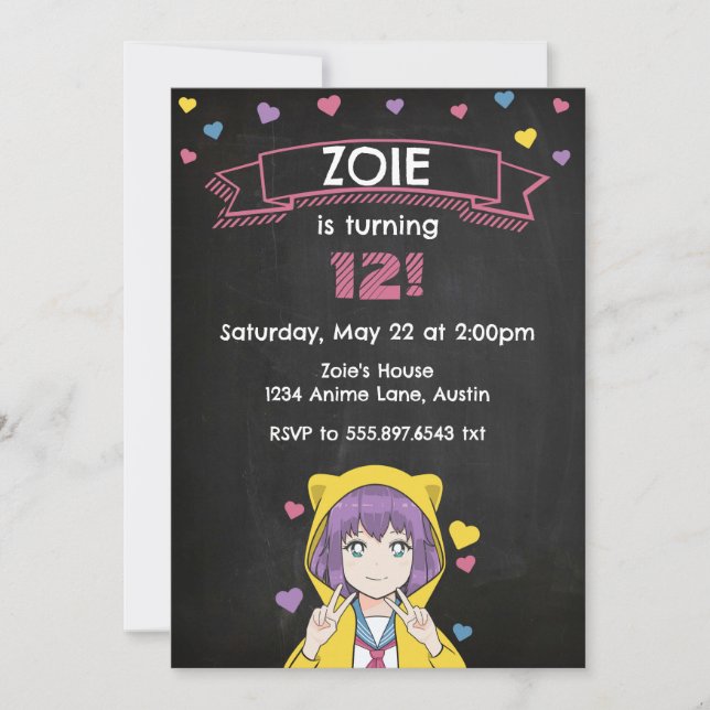 Anime Girl Peace Hearts Birthday Invitation (Front)