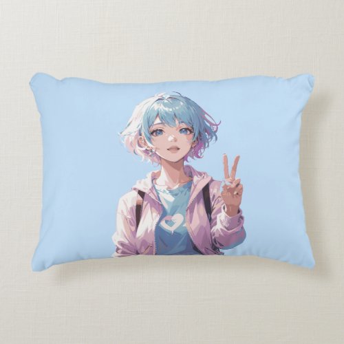 Anime girl peace sign design accent pillow