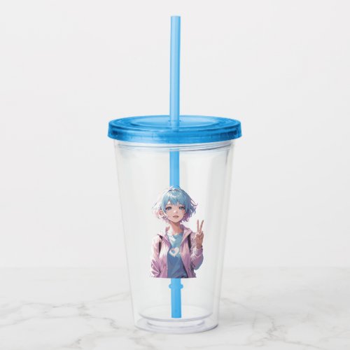 Anime girl peace sign design acrylic tumbler