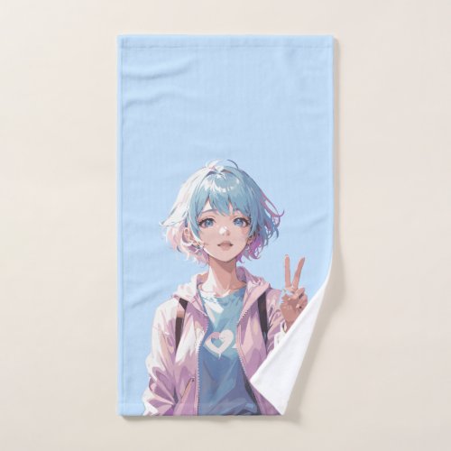 Anime girl peace sign design bath towel set