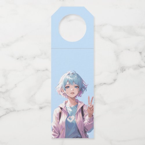 Anime girl peace sign design bottle hanger tag