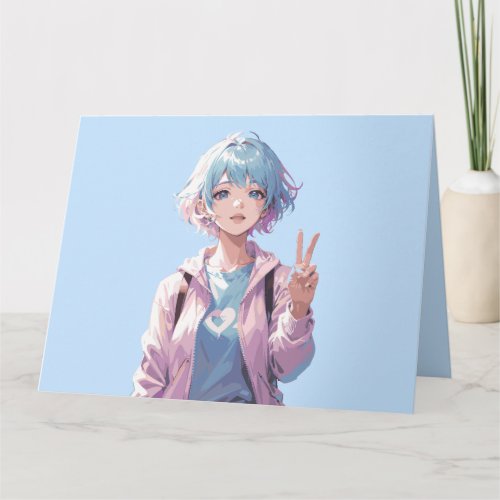 Anime girl peace sign design card