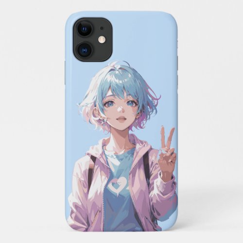 Anime girl peace sign design iPhone 11 case