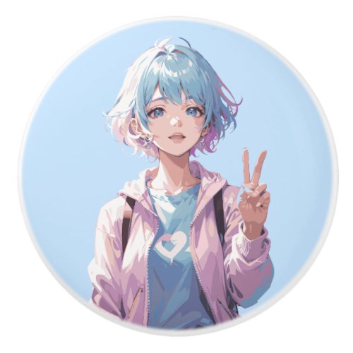 Anime girl peace sign design ceramic knob