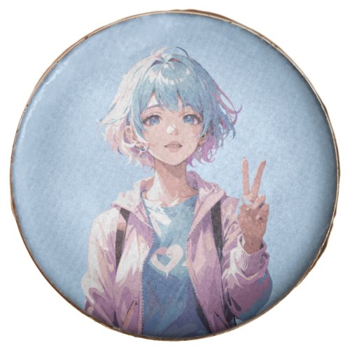 Anime girl peace sign design chocolate covered oreo