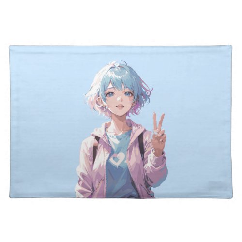 Anime girl peace sign design cloth placemat