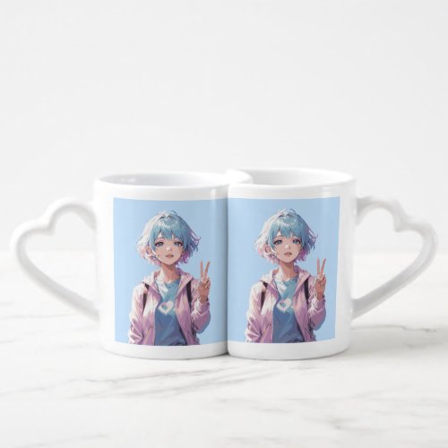 Anime girl peace sign design coffee mug set