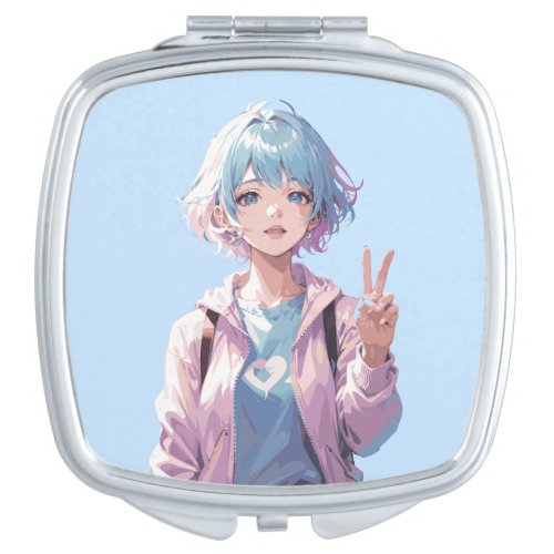 Anime girl peace sign design compact mirror