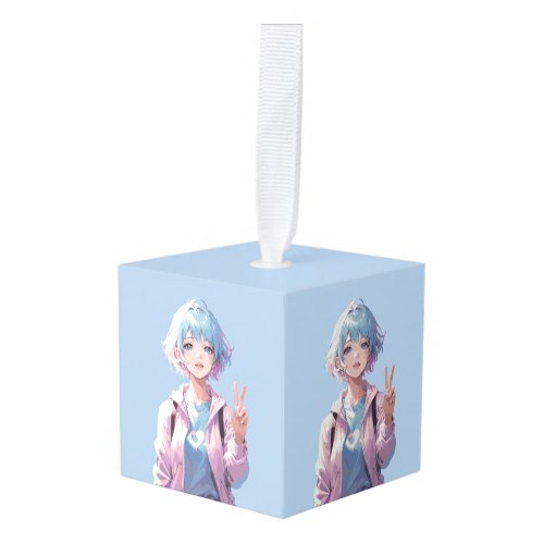 Anime girl peace sign design cube ornament