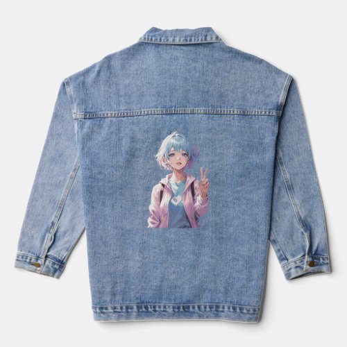 Anime girl peace sign design denim jacket