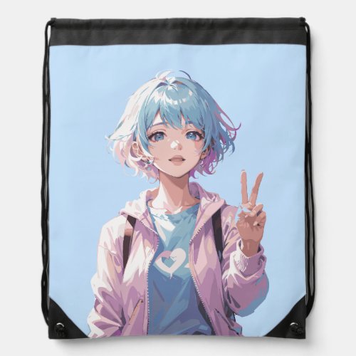 Anime girl peace sign design drawstring bag