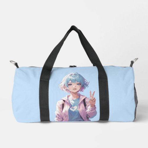 Anime girl peace sign design duffle bag