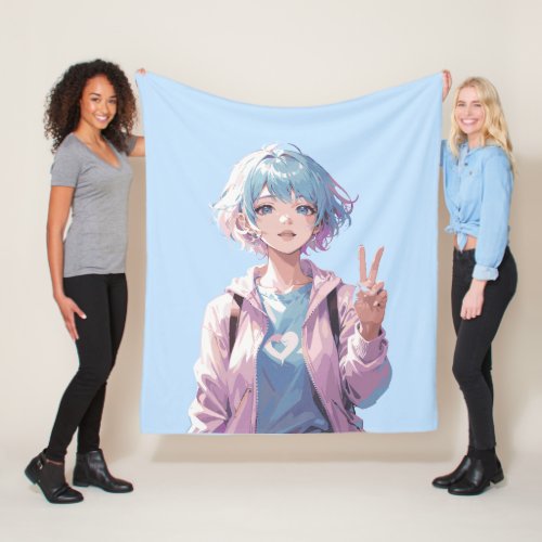 Anime girl peace sign design fleece blanket