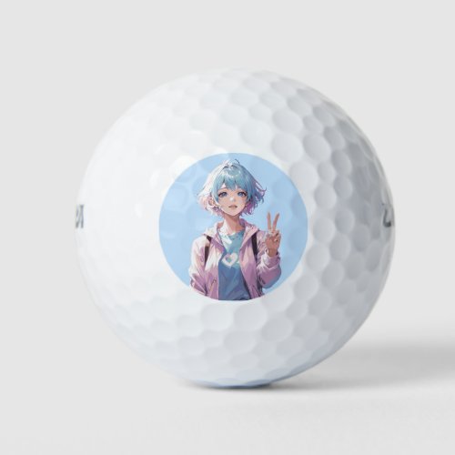 Anime girl peace sign design golf balls