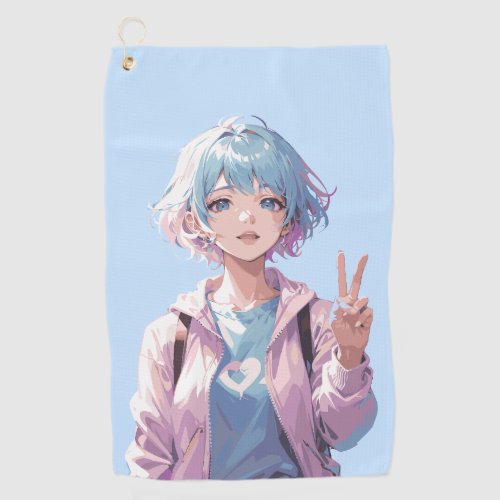 Anime girl peace sign design golf towel