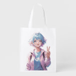 Anime girl peace sign design grocery bag