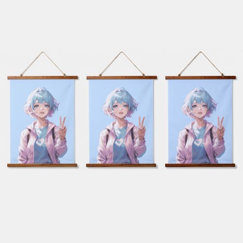 Anime girl peace sign design hanging tapestry