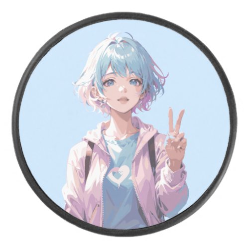 Anime girl peace sign design hockey puck