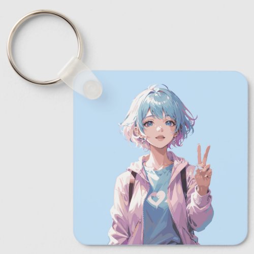 Anime girl peace sign design keychain